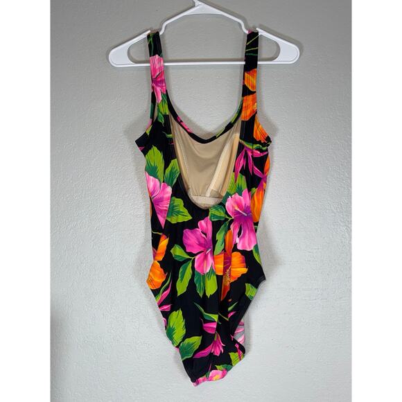 Speedo Black Tropical Floral One-Piece Swimsuit Womens 16 High Leg High Cut Neon - Picture 3 of 7